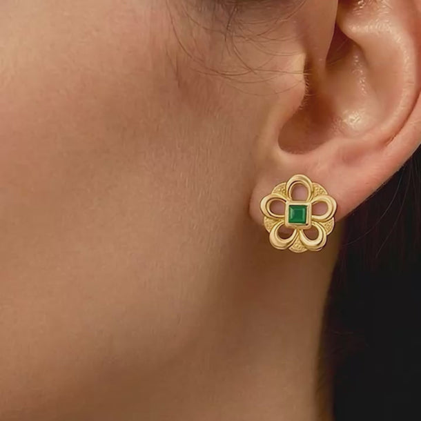 Aria Emerald Bloom Gold Studs
